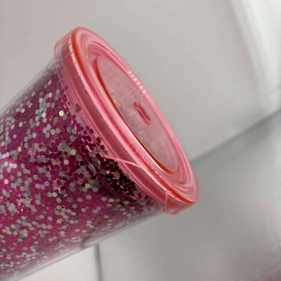 Dunkin Donuts I Love Dunkin Heart Glitter Coffee Cup Missing Straw Pink 24 oz - Picture 11 of 16